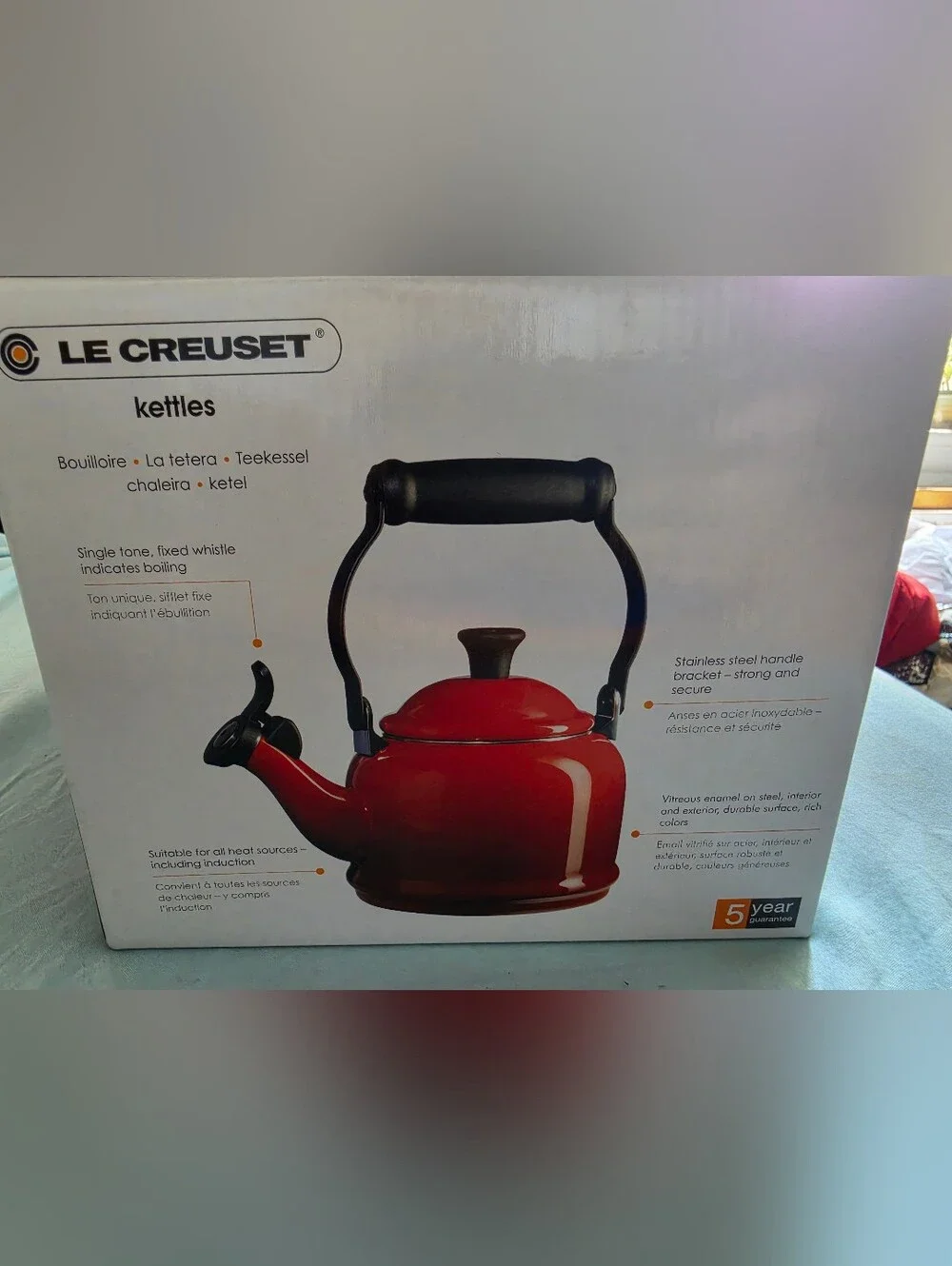 Le Creuset FIRE! NIB! 1.25QT(1.1L) Demi Kettle w/Gold Knob in Chambray. R2S!